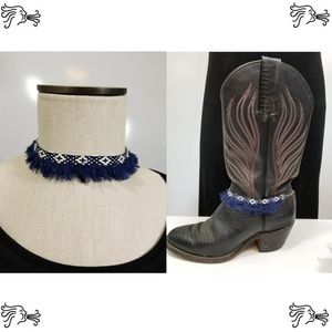 Navy Cream Fringe Boot Bling Necklace Choker